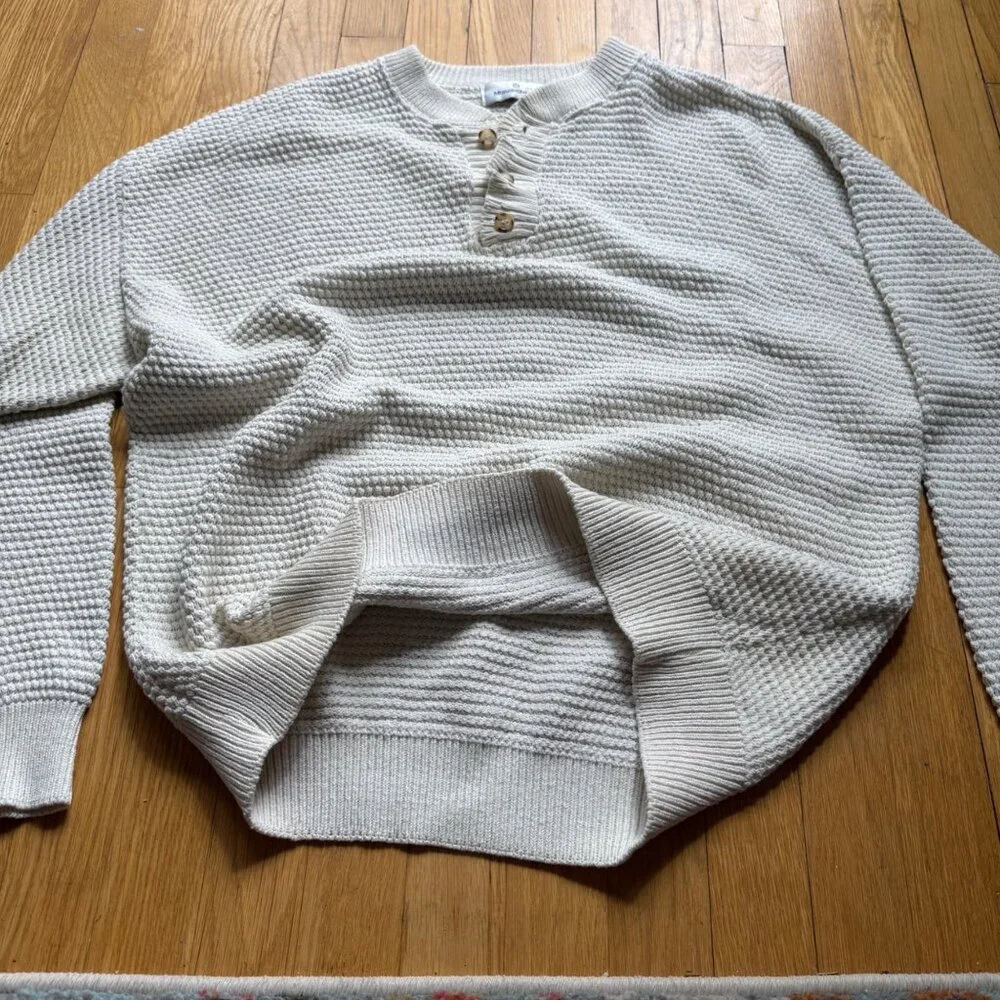 Vintage Henley Fisherman Pullover Sweater Munsingwear Size L Cream Waffle Knit
